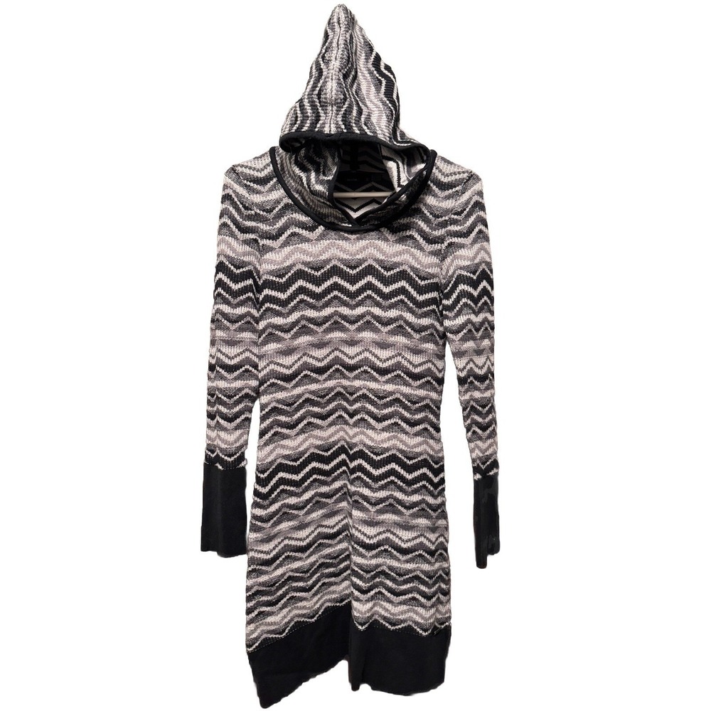 prAna Womens Black Grey Chevron Knit Hooded Sweater Dress Size Small Long Sleeve
